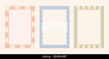 Pastel decorative frame set with stripes and wavy edges, playful retro frame set. Stock Vector