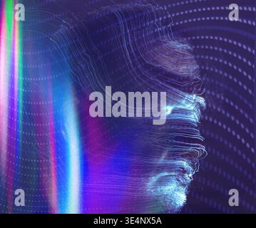 Glowing wireframe human head with swirling light trails and selective focus. Futuristic digital head. Stock Photo