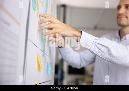 Closeup male business professional using whiteboard sticky notes at work Stock Photo