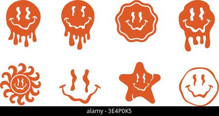 Retro groovy melting smiley face vectors, Retro psychedelic melting smiling face vectors, 70s psychedelic aesthetic vectors -V02. Stock Vector