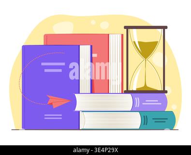 Stack of Books with Hourglass for Education, Learning and Creative Thinking Concept Illustration Clip Art Stock Vector