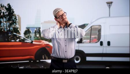 Whiplash Trauma From Vehicle Accident. Latino Man's Neck Pain And Legal Support For Compensation Claims Stock Photo