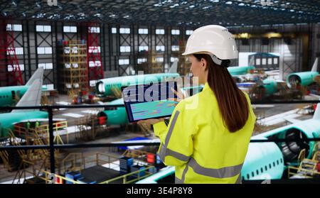 Female Aviation Technician Inspecting Airplane Engine Maintenance Progress With Tablet Stock Photo