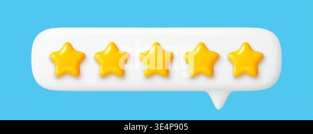 3d five star rate customer review feedback icon. Vector five gold stars in realistic speech bubble for customer satisfaction evaluation, quality rating, good service review rank and best product rate Stock Vector