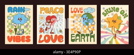 Cartoon retro groovy character posters, cute hippie peace, love and good vibe vector personages. Happy y2k Earth planet, heart, sun and cloud character posters on groovy psychedelic pattern background Stock Vector