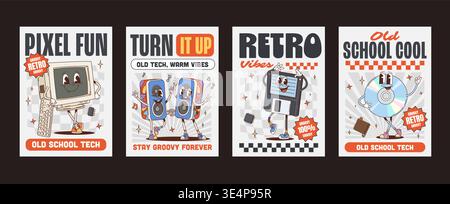 Funky groovy hippie computer and device characters posters. Vibrant vector posters featuring dancing and smiling tech mascots. Computer, speakers, floppy disk, and CD for retro office and party decor Stock Vector