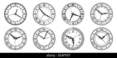 Vintage clock faces with round dials, roman numbers and retro ornate hands. vector watch dials signs set. Watchfaces with black antique ornaments. Classic hour time symbols, isolated monochrome clocks Stock Vector