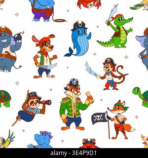 Cartoon animal pirate characters vector seamless pattern. Fox, tiger captain, sloth, whale, crocodile and elephant, hippo and monkey, dog, lion corsairs background, tile wallpaper, kids print motif Stock Vector