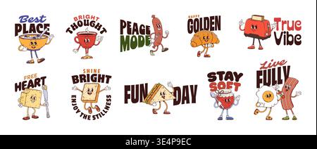 Breakfast food y2k groovy stickers. Cartoon vector cereal, coffee, sausage, croissant and toaster, butter, sandwich, jam, egg or bacon characters with motivational slogans bring fun and positive vibes Stock Vector