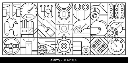 Racing motorsport geometric pattern with racing automotive symbols, geometry line icons and mechanical elements. Vector monochrome grid background showing car, speed tools, gauges, wheels and helmets Stock Vector