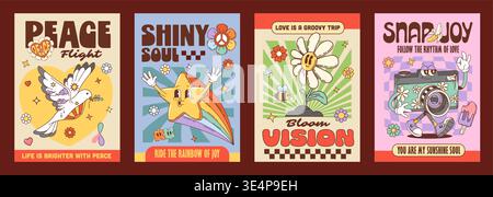 Retro groovy characters vector posters. Dove of peace, smiling star, happy daisy flower, funky cheerful camera whimsical characters on retro posters. Vintage y2k vertical cards with hippie personages Stock Vector
