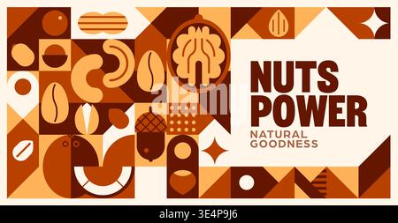 Natural nuts banner with geometric pattern. Vector healthy snack nutrition tile background featuring walnut, almond, cashew and peanut. Hazelnut, pistachio and acorn seed in warm brown and beige color Stock Vector