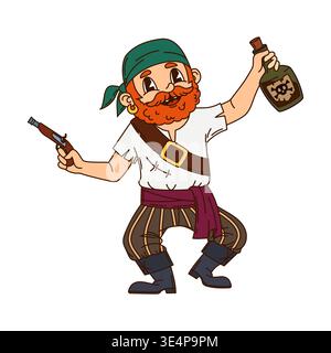 Corsair pirate crew drunk and dancing bandit cartoon character. Cute sailor character, corsair bandit isolated vector mascot. Boatswain or skipper personage with pistol and bottle of rum or poison Stock Vector