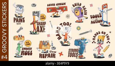 Y2k groovy repair and construction tools funky stickers and labels. Cartoon vector retro characters. Paint roller, axe, hammer and saw. Screwdriver, toolbox, level and measure tape and clamp or brush Stock Vector