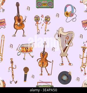 Groovy musical instruments vector seamless pattern. Cartoon guitar, cassette tape, microphone, maracas, vinyl record, harp, violin and drum quirky funky instrument characters dancing and playing music Stock Vector