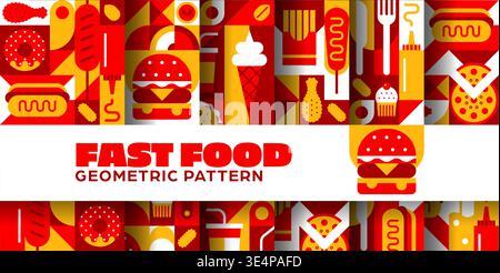 Fast food seamless patterns set with red and yellow geometric ornament. Vector tile background for cafe, restaurant, menu with burger, hotdog, pizza, donut and ice cream, cupcake, sausage and ketchup Stock Vector