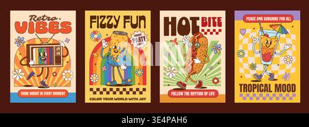 Retro groovy hippie characters vintage posters. Vintage television, soda can, hot dog snack, cocktail glass with umbrella funky cartoon characters and motivational texts with vintage 60s and 70s vibes Stock Vector