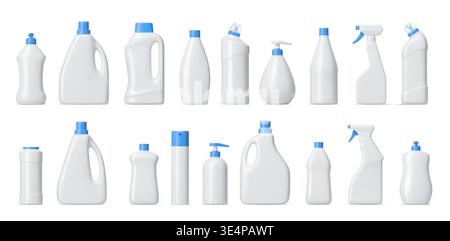 3d realistic detergent, laundry and cleaner bottles, household chemical product packages. Vector plastic tubes, blank packages of cleanser, liquid soap and stain remover, bleach containers mockup Stock Vector
