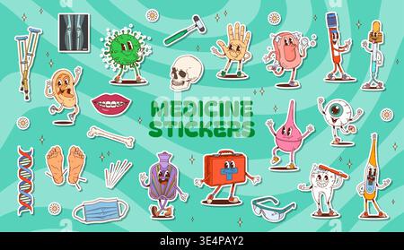 Groovy medicine characters stickers of skull, dna helix, crutches, reflex hammer, teeth and syringe, first aid kit, cotton swab, thermometer and virus germ. Vector retro y2k medical item personages Stock Vector