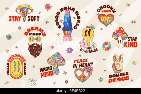 Retro y2k groovy stickers of heart, cool smile, hand gesture peace, smiling mushroom, dripping rainbow eye, hipster bearded face with glasses, cheerful sun, pink lava lamp. Funky hippie vector labels Stock Vector