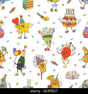 Seamless pattern of groovy birthday holiday characters. Vector tile background with cute cartoon balloon, cake, pizza, confetti, cupcake and drinks with smiling faces, party hats, festive accessories Stock Vector
