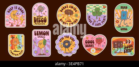 Groovy label stickers and funky retro patches of 70s disco vibe with cheese and suitcase, donut book and clover, vinyl record, pumpkin and lemon, disco ball and strawberry cartoon vector characters Stock Vector