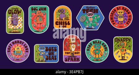 Groovy robot stickers, droid characters patches set. Cartoon vector hippie retro vintage robots with tools, mechanical parts and y2k nostalgic slogans. Code glow, bot jam, chill code and retro tech Stock Vector