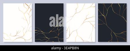 Japanese gold kintsugi cracks texture background with abstract golden lines inspired by broken ceramic repair philosophy of wabi sabi. Vector minimal zen aesthetic with contrast of white black pattern Stock Vector