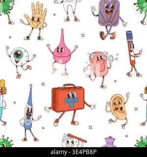 Groovy medicine and human organ seamless pattern with cartoon characters, vector background. Groovy funny medical pattern of thermometer and tooth with silly face, eye or ear and virus or bacteria Stock Vector