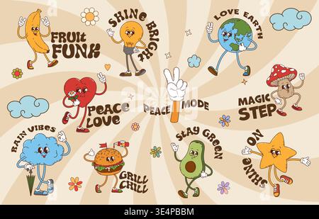 Retro y2k groovy stickers with cartoon heart, avocado, burger, mushroom and earth planet characters spread positive messages like peace love, stay green and grill chill. Vector psychedelic patches set Stock Vector