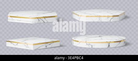 3d marble stone podium stage pedestals with golden frames, luxury cosmetics stand. Realistic 3d vector geometric museum, gallery or exhibit displays for award ceremony or beauty product presentation Stock Vector