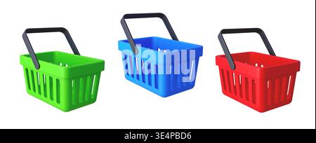 3d market cart, supermarket shopping basket icon. Red blue and green store plastic container bag. Vector retail container with handle for grocery food purchase, realistic consumer store or shop object Stock Vector