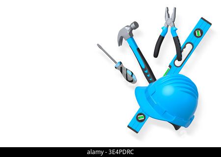 Various construction tools including wrench, hammer, pliers, and helmet isolated on white background with clipping path, concept of building work Stock Photo
