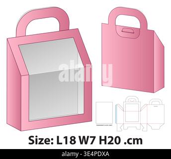 Angled Gable Box with Handle and Window Dieline Template Stock Vector
