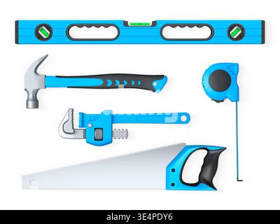 Assorted hand tools including hammer, saw, wrench, level, and tape measure, isolated on white background with clipping path. Stock Photo