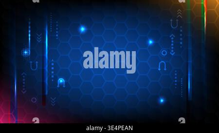 Digital cyberspace background with glowing hexagons, light rays and futuristic UI interface elements Stock Vector