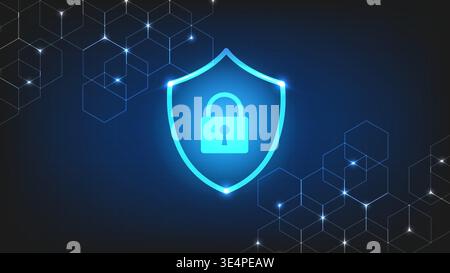 Digital security shield and lock icon on a dark blue background with glowing geometric hexagon patterns Stock Vector