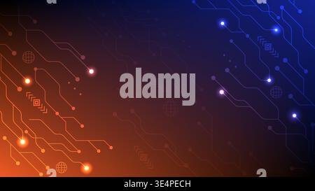 Abstract orange and blue glowing circuit lines representing global data connectivity Stock Vector