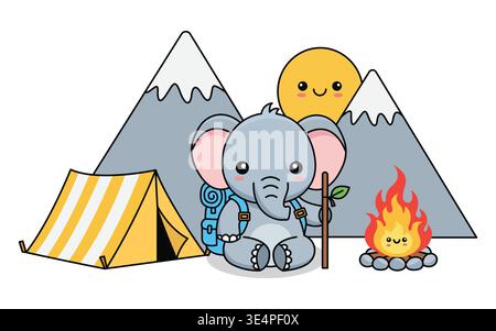 Hiker Elly Elephant Character with Backpack Camping in Mountains near Tent and Campfire Stock Vector