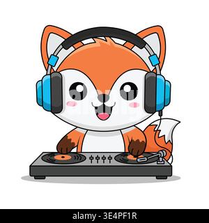 Fox DJ character playing music on turntables with headphones for party and clubbing vector illustration Stock Vector