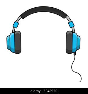 Blue headphones with cable and black pads for music and gaming concept vector illustration Stock Vector