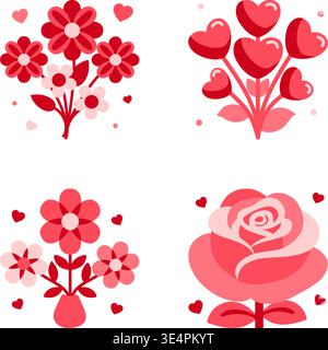 Romantic symbols with floral designs, Set of romantic icons with vibrant pink shades Stock Vector