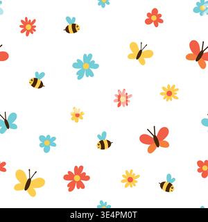 Pattern with butterflies and flowers on a white background Stock Vector