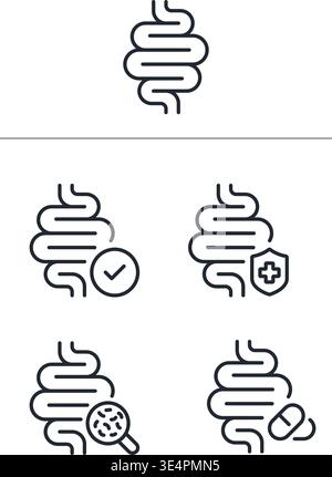 A set of linear icons representing intestinal health, probiotics, medical protection, and digestive system treatment. Stock Vector