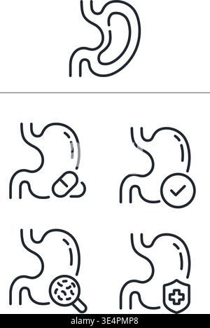 A set of linear icons representing stomach health, including medication, checkups, bacteria, and immune protection. Stock Illustration. Stock Vector