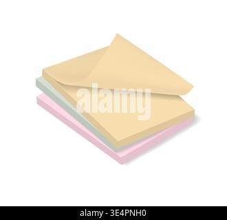 Multicolored sticky note cubes, vector mockup. Colored paper blocks stack with bent sheet corner, mock-up Stock Vector