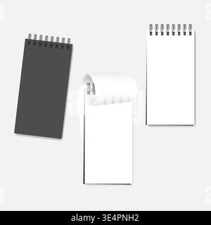 Spiral blank small notebook, realistic vector mockup. Wire bound notepad - white clear page and gray cover, template Stock Vector