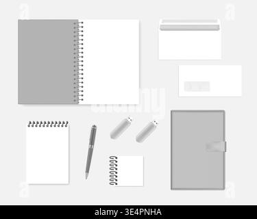 Blank white and gray office stationery, mockup. Corporate identity products template. Notebooks, envelope, pen, flash drives. Vector mock-up set Stock Vector