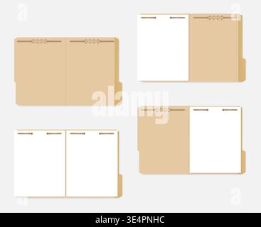 Open tabbed file folder with metal fastener keeping paper sheets inside, vector template. Letter size Stock Vector