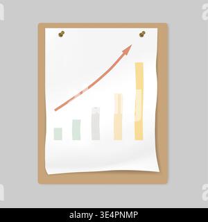 Crumpled paper sheet with sketchy growth chart attached to board by push pins Stock Vector